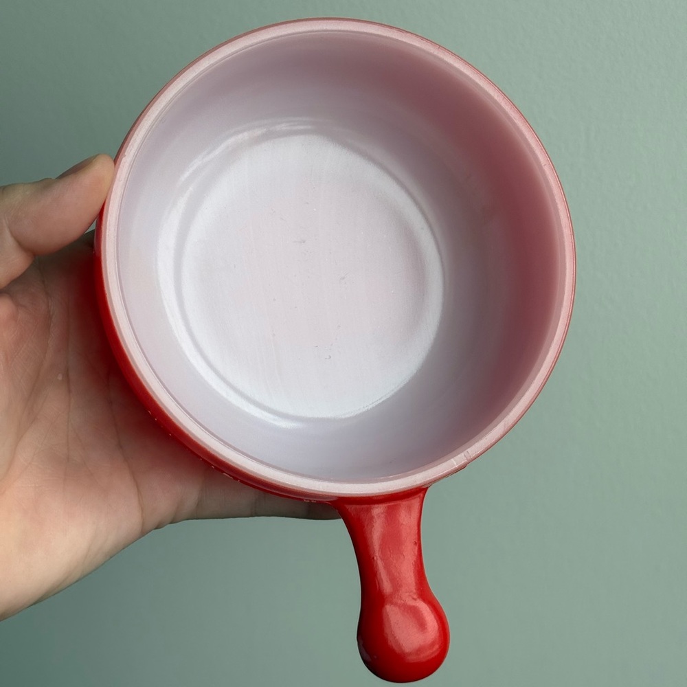 Vintage Red Glasbake USA red Handled Soup Bowl J-314 MCM Bakeware